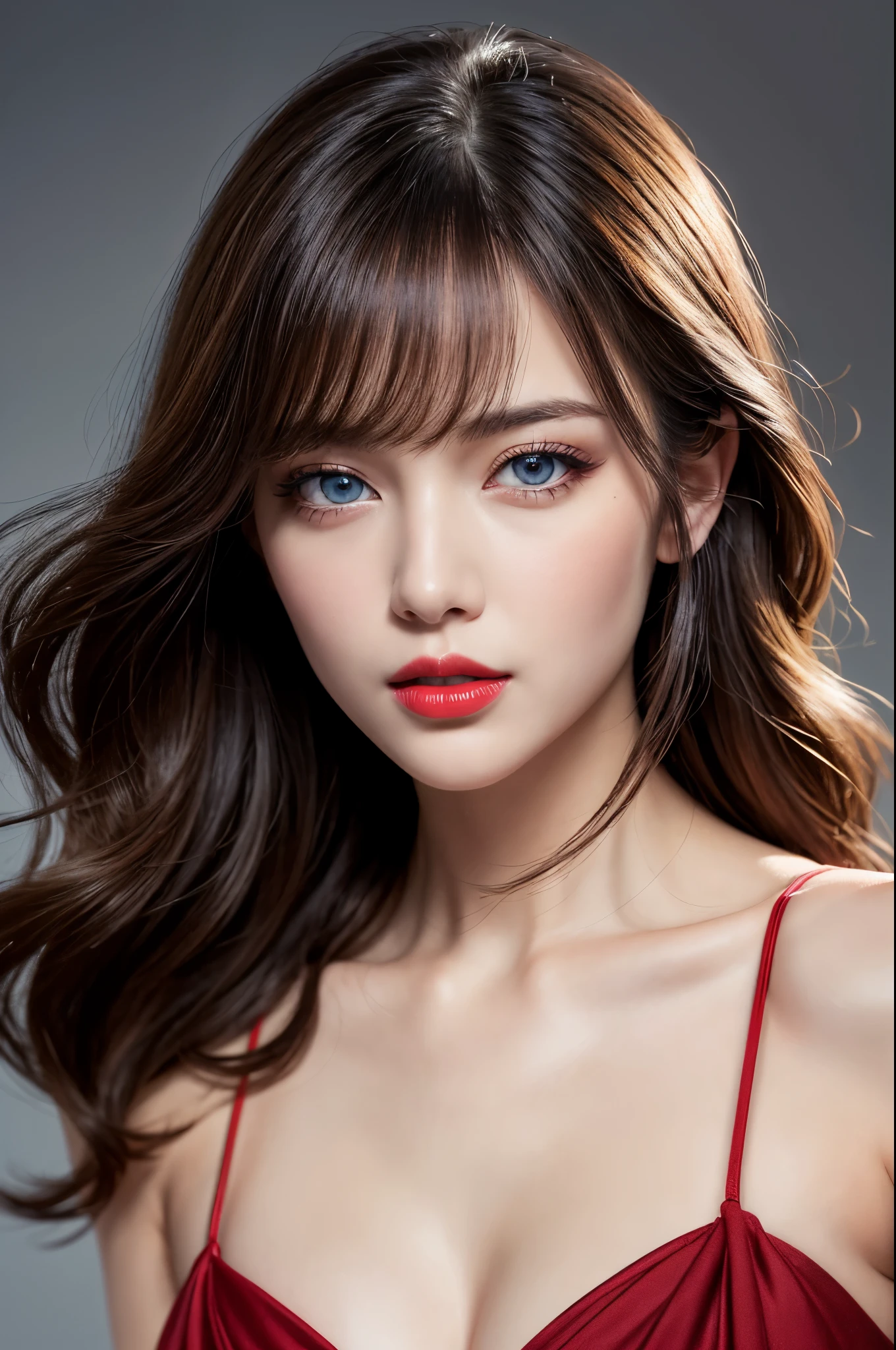 (best quality,8k,High resolution,masterpiece:1.2)，Digital artwork，a stylish lady，Beautiful adult woman，Thirty years，portrait，Detailed face，delicate eyes，long curly hair，side swept bangs，blue eyes，red lips，Stylish sling，Sheer dress，see through dress，8k分辨率，