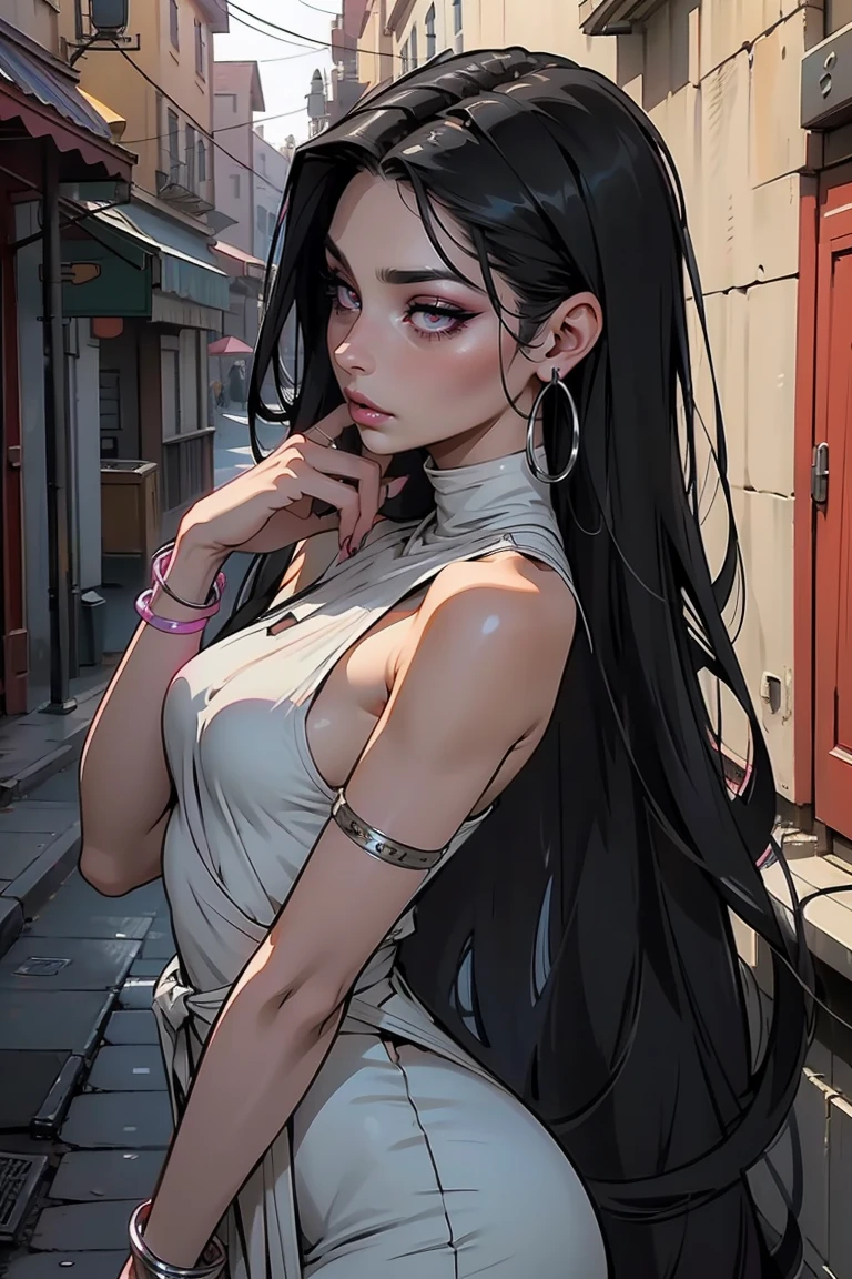 Goddess ((goddess-like woman)), slim, elegant silhouette, masterpiece, (close angle), best quality, pale skin, fair skin, sweet face, (masterpiece: 1.2, best quality), (real image, intricate details), (1 lady, solo, medium , small waist, ), ((Jinx/LOL)), beautiful face, kissable lips, (hlfcol haired girl with gray and black hair), very long gray hair, very long black hair, slicked back hair, VERY LONG HAIR, perfect makeup, realistic face, detailed purple eyes, (red-pink eyes) bright red pink eyes, very long hair, eyelashes, mouth slightly open, she has an impressive presence, bracelet, hoop earrings, jewelry , beautiful face, beautiful eyes, side view, side view, she is wearing a white Cut Out Straps Dresses, upper body view, sweet irresistible smile, elegant pose, elegant hands, beautiful hands, perfect fingers, background: old town, medieval city, stone houses market place,