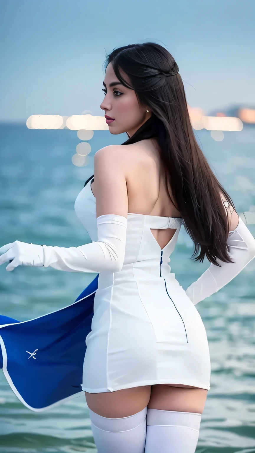 ((best quality)), ((masterpiece)), ((1girl)), solo, Ferry, ((long hair)), FerryBase, ((thighhighs)), bare shoulders, ((jewelry)), ((sleeveless)), white dress, blue skirt, ((gloves)), thigh-high, from behind.