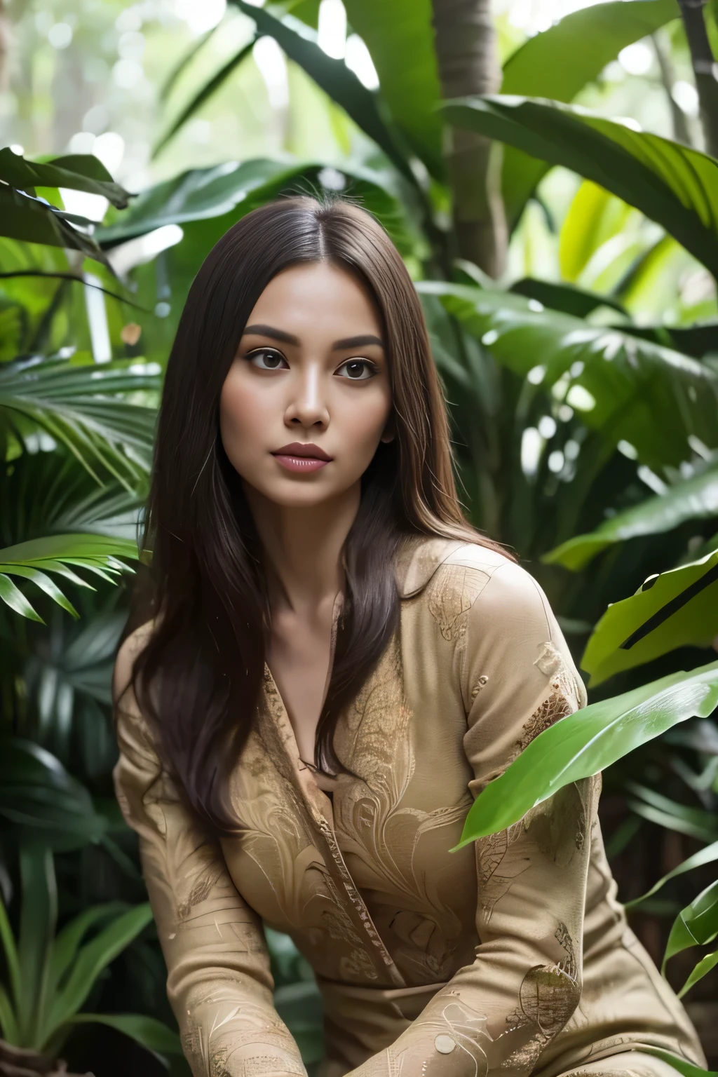 A beautiful jungle girl, long brown hair, detailed facial features, large green eyes, lush green forest background, colorful exotic flowers, sunlight filtering through leaves, intricate leaf patterns, detailed bark texture on trees, depth of field, cinematic lighting, muted color palette, atmospheric haze, (best quality,8k,highres,masterpiece:1.2),ultra-detailed,(realistic,photorealistic:1.37),portrait