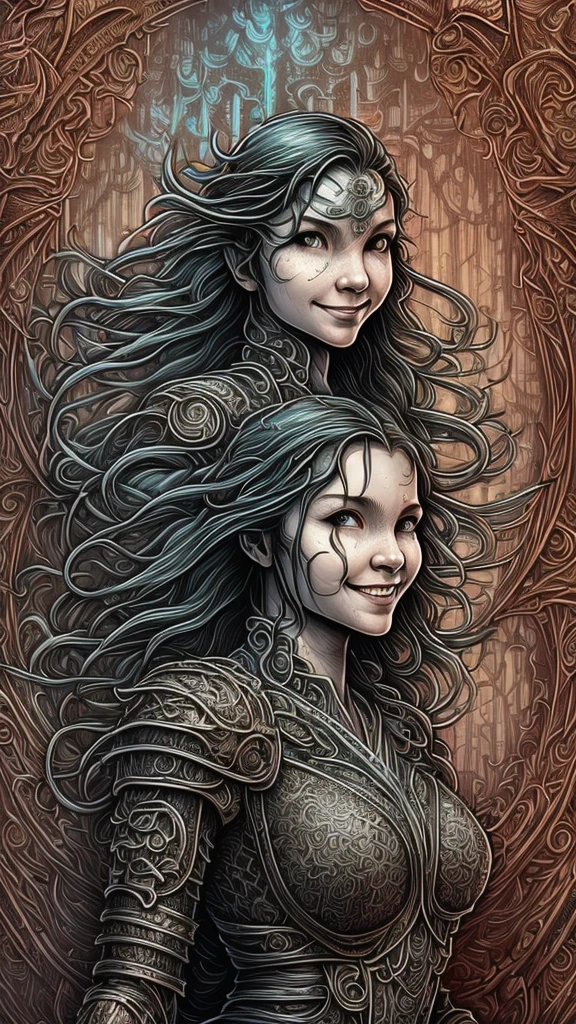 Front view one head, Long Dress (the A smiling girl of unknown beauty with wet hair strict office hairstyle and charming makeup:1.1) art, symmetrical artistic sharp art, (dan mumford style:1.1), hdr, realism, strong lines, dark fantasy atmosphere, lovecraft style, (JimJorCrafLogo art style:1.3)