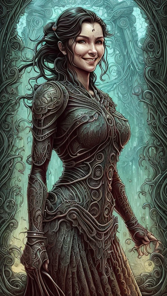 Vista frontal de una cabeza, vestido largo (Una chica sonriente de belleza desconocida con el pelo mojado peinado estricto de oficina y maquillaje encantador:1.1) arte, symmetrical arteistic sharp arte, (estilo de dan mumford:1.1), hdr, realism, líneas fuertes, atmósfera de fantasía oscura, estilo lovecraft, (JimJorCrafLogo arte style:1.3)