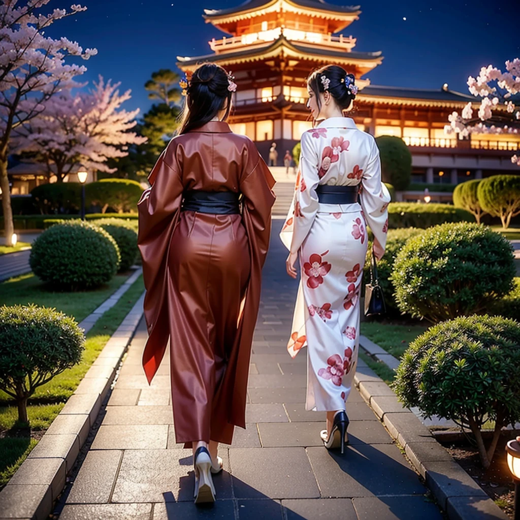 Nacht、Rückansicht einer Frau in einem roten Kimono, die einen Kirschblütenweg entlanggeht, mit Kumamoto Castle im Hintergrund