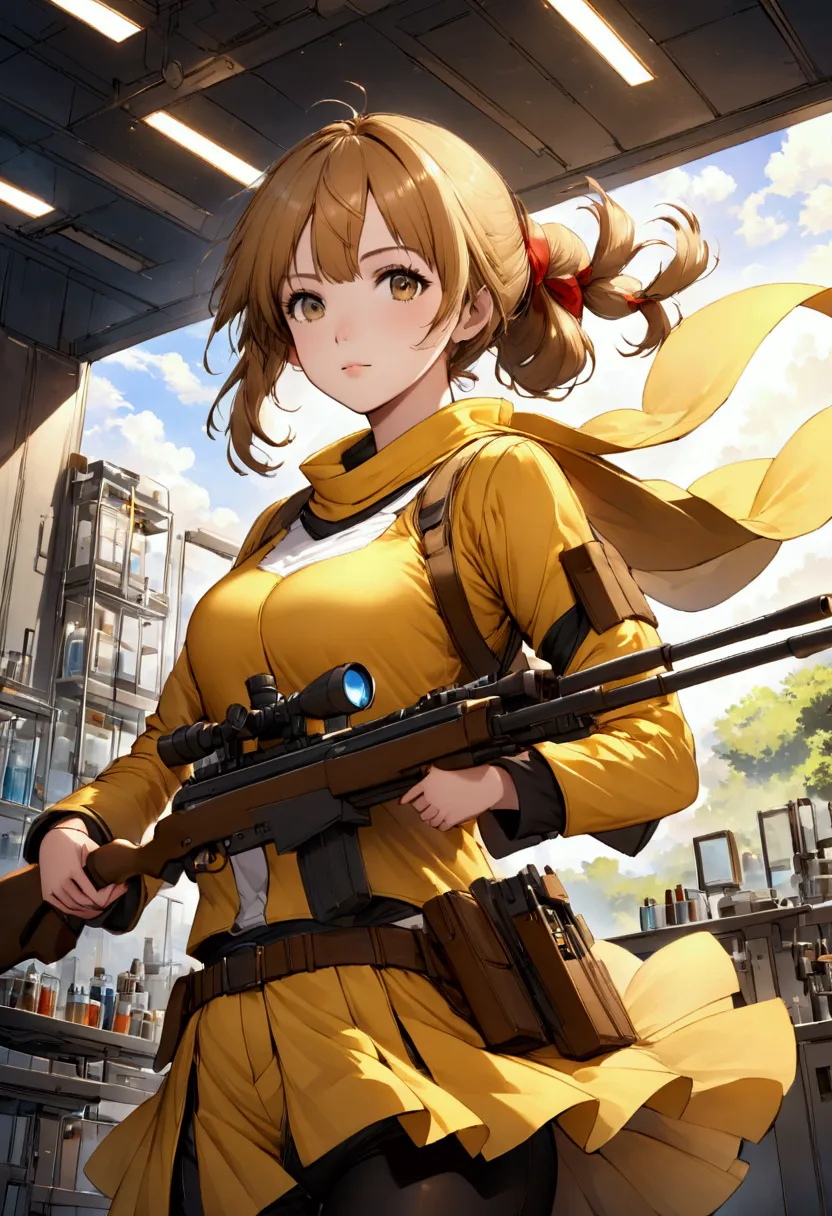 A 24 year old girl, hair tied,color marron, very similar to Yuuki Futaba, dressed in a yellow hunter uniform, holding a sniper r...