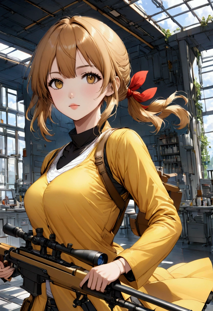 uma menina de 2 anos, cabelo amarrado,cor marrom, muito semelhante a Yuuki Futaba, vestida com um uniforme amarelo de caçador, segurando um rifle de precisão, tecnologia avançada, com experiência em laboratório