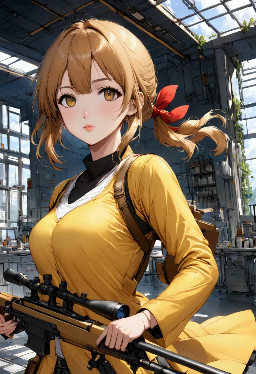 A 24 year old girl, hair tied,color marron, very similar to Yuuki Futaba, dressed in a yellow hunter uniform, holding a sniper r...