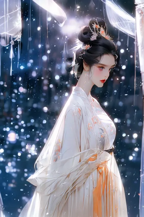 black hair, immortal cultivation, royal sister, white robe, hime cut, hair scrunchie, romanticism, gothic art, ray tracing, cine...