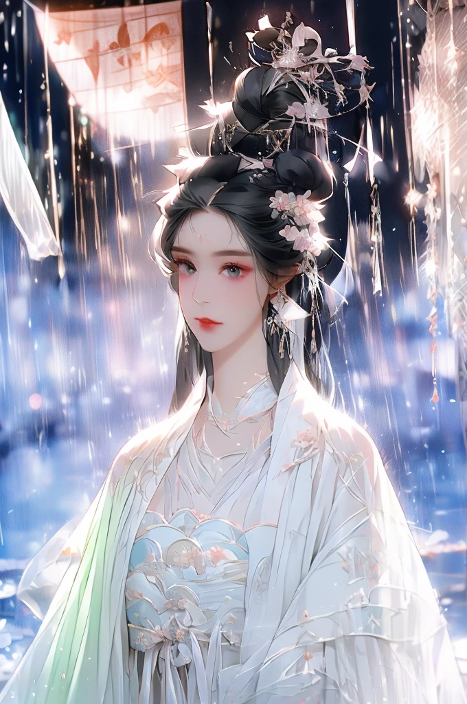 Black Hair, Immortal Cultivation, Royal sister, White Robe, hime cut, hair scrunchie, Romanticism, Gothic art, ray tracing, cinematic lighting, first-person view, Sony FE GM, anatomically correct, masterpiece