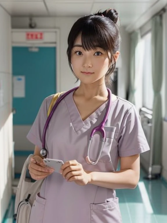 girl, alone, Bun Hair, Medical scrub、White scrub、Female nurse、Hold in hand、Short sleeve、Long trousers、Name tag, (ID card)、strap, (Stethoscope)、Hospital corridor、Warm lighting、sense of cleanliness