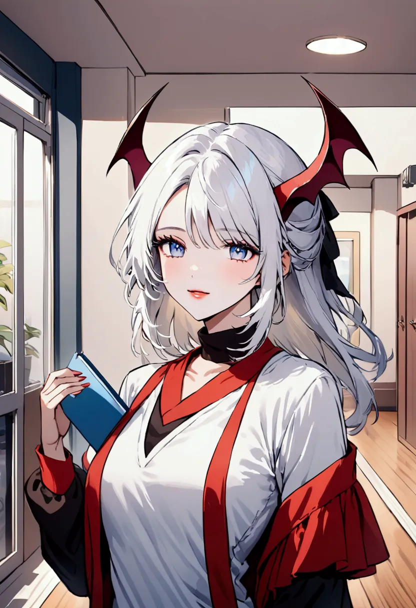 A human succubus, white hair, dressed in a casual outfit, holding a notebook, with therapy room background