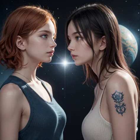 Two main characters staring at each other intensely. The woman has curly red hair that falls long over her shoulders., with eyes...