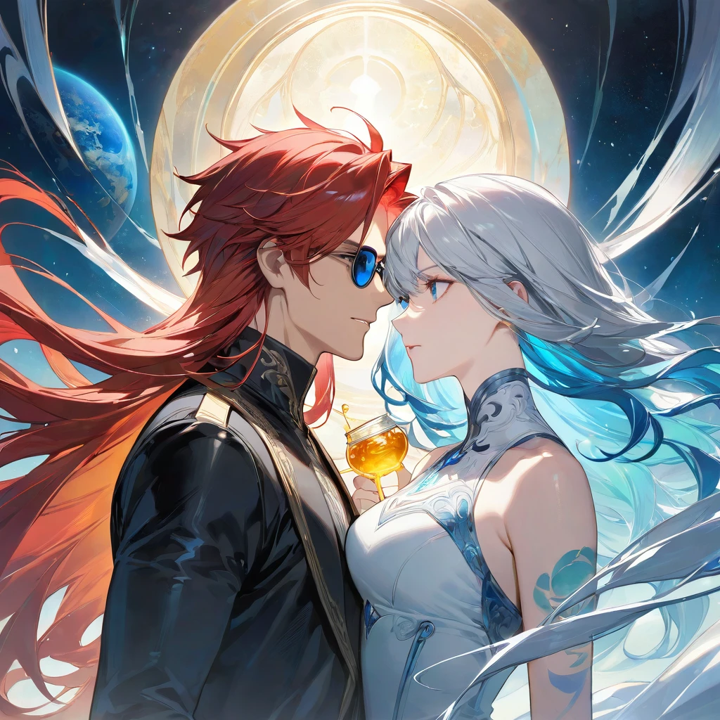 A book cover featuring the faces of two main characters staring at each other with intensity. The woman has long curly red hair, eyes with a mixture of honey and green, radiating a mysterious and fascinating aura. The man has short white hair with shades of light blue, deep gray-blue eyes and a blue tattoo that runs up his neck. In the background, a planet in shades of white and blue, with ethereal details that suggest an otherworldly atmosphere. The characters' expressions are full of emotion, capturing the tension and connection between them. The lighting should highlight the details of the faces and the vibrant colors of the hair and eyes, while the planet in the background adds a touch of fantasy and mystery.