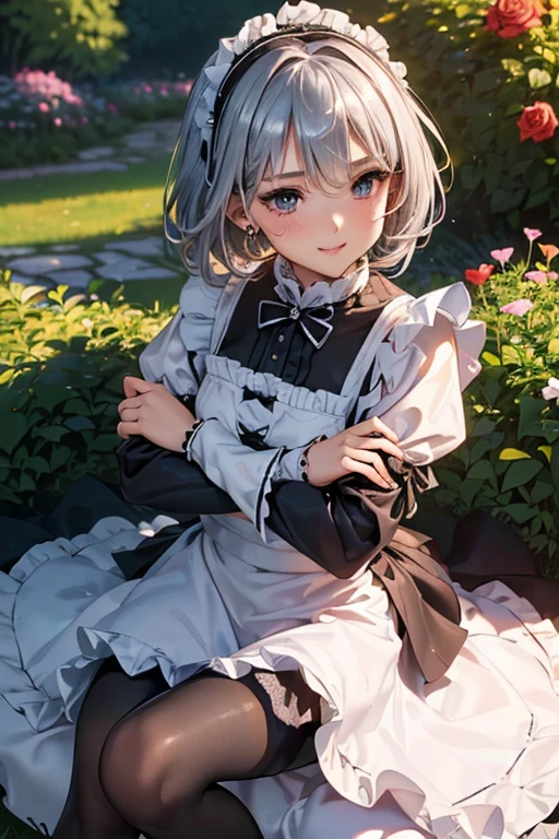 #基本 
A girl is posing for a photo, ((One Girl)), (((Baby Face:1.2)) + ((cute:1.3))), 
#A girl is posing for a photo, ((One Girl)), (((Baby Face)) + ((cute)) + 16 years old), 
break 

#Clothing Accessories 
(((Black and white)Gothic Lolita style maid outfit) : Elegant + (Dirndl) + Gothic Lolita Fashion + Dark Gothic Lolita + (Black and white)jabot + (black corset) + ((Black and white)Headdress) + (White apron)) + (Low denier black pantyhose:1.4) + (Black High Heels), 
red gem earrings, 
break 

#Features 
((Silver Hair:1.4)), (I can see a beautiful forehead:1.3), (ponytail : A little short hair + Curly hair + Fuller Hair),  
(Droopy eyes, blue eyes, (Big eyes:1.2)), (Very small breasts), 
break 

#background environment 
(noon, (The garden of a large Western-style mansion + grass + Garden of roses + The sun shines on the girl)), 
#Facial Expression Pose 
((smile:1.3), blush), (Confident and elegant appearance, (hugging own legs), (Sitting with legs crossed)), 
#composition 
(To the camera, (Dynamic Focus), (Capture your feet clearly)),  
break 

#Body parts elements 
(Slim figure), 
(Detailed Hair, Beautiful Hair, Shiny Hair), 
(double eyelid, Long eyelashes), 
(Expression of fine eyes, Beautiful and delicate eyes, Sparkling eyes, Eye Reflexes, Glitter Eyeliner), 
(Human Ear), 
(Beautiful Nose, Thin Nose), 
(Glossy Lips, Beautiful Lips, Thick lips, Glossy Lips, Natural Cheeks), 
(Detailed face, Symmetrical facial features), 
(Detailed skin, Textured skin, Beautiful Skin, Glowing Skin), 
break 

#Quality Image Quality Common 
(((Highest quality)), ((masterpiece)), ((Very detailed))), ((High resolution)), ((16K,1080P)), 
(Anatomically correct), (Realistic), (3DCG), 

#Quality image illustration 
((comics, anime)), CG illustration, 
