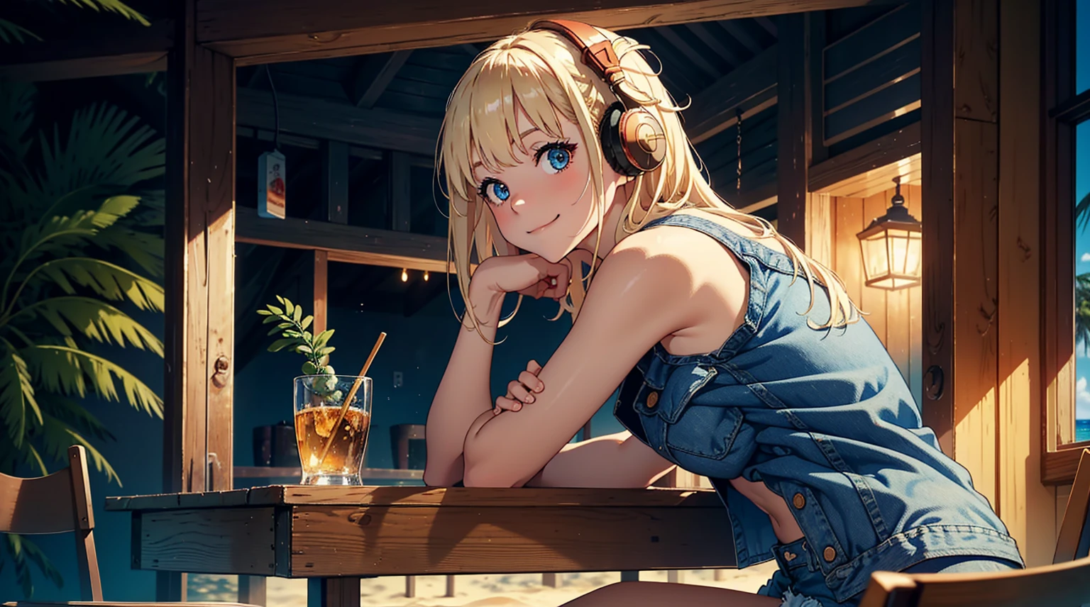 masterpiece、high resolution 8k、NSFW、sharp focus、contrast lighting、A cozy beach bar, 1girl, sitting on wooden stools,a Blue jean short and a small top,blue denim jacket shorts,long blonde hair hair,smiling,headphone, a doorway leads to a sandy beach with a clear blue sky and a palm tree.