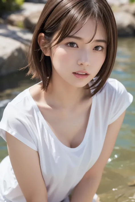 realistic, photogenic, short length brown hair, hair fluttering in the wind, beautiful white-colored translucent skin, a little ...