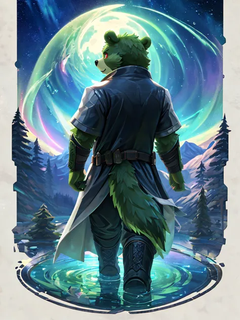 anthro, kemono, male, solo,  (((green bear))), (((green fur))), green hair, beard, white eyebrows, red eyes, mature, mage staff,...