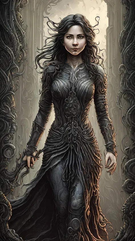Front view one head, Long Dress (the A smiling girl of unknown beauty with wet hair strict office hairstyle and charming makeup:1.1) art, symmetrical artistic sharp art, (dan mumford style:1.1), hdr, realism, strong lines, dark fantasy atmosphere, lovecraft style, (JimJorCrafLogo art style:1.3)
