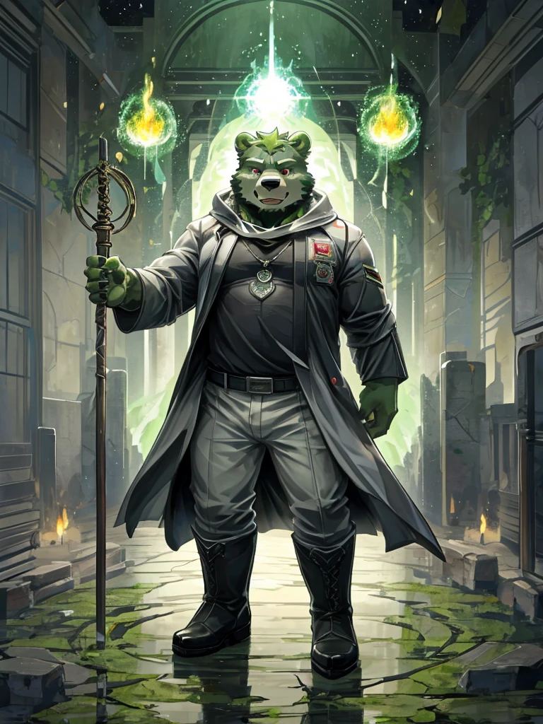 anthro, kemono, male, solo,  (((green bear))), (((green fur))), green hair, beard, white eyebrows, red eyes, mature, mage staff, magic, (black t-shirt inside), (((white unhooded trench coat ))), gray trousers, military boots, 