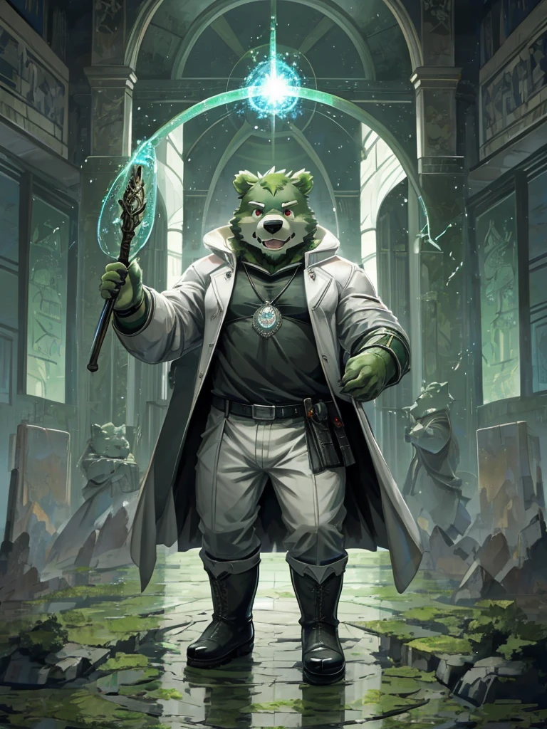 anthro, kemono, male, solo,  (((green bear))), (((green fur))), green hair, beard, white eyebrows, red eyes, mature, mage staff, magic, (black t-shirt inside), (((white unhooded trench coat ))), gray trousers, military boots, 