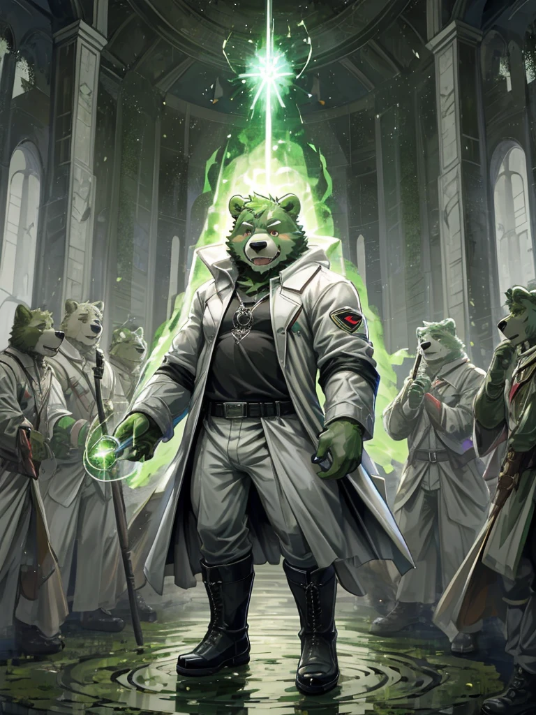 anthro, kemono, male, solo,  (((green bear))), (((green fur))), green hair, beard, white eyebrows, red eyes, mature, mage staff, magic, (black t-shirt inside), (((white unhooded trench coat ))), gray trousers, military boots, 