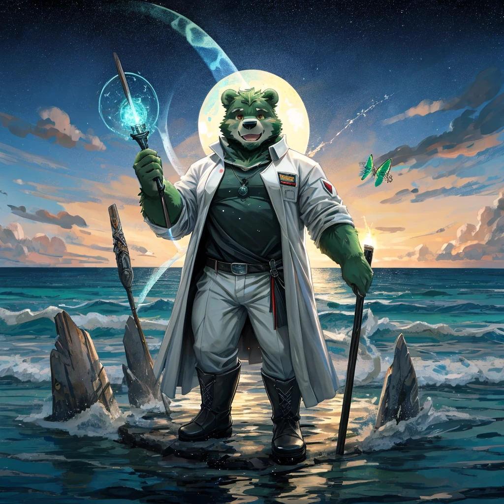 anthro, kemono, male, solo,  (((green bear))), (((green fur))), green hair, beard, white eyebrows, red eyes, mature, mage staff, magic, (black t-shirt inside), (((white unhooded trench coat ))), gray trousers, military boots, mid shot, full body, ocean, sea waves, water splashes, sky, light particles, butterflies, night, starry sky, standing, standing on water, clear face,