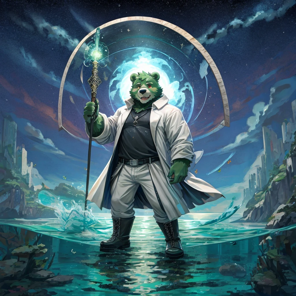 anthro, kemono, male, solo,  (((green bear))), (((green fur))), green hair, beard, white eyebrows, red eyes, mature, mage staff, magic, (black t-shirt inside), (((white unhooded trench coat ))), gray trousers, military boots, mid shot, full body, ocean, sea waves, water splashes, sky, light particles, butterflies, night, starry sky, standing, standing on water, clear face,