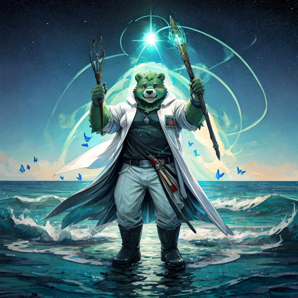 anthro, kemono, male, solo,  (((green bear))), (((green fur))), green hair, beard, white eyebrows, red eyes, mature, mage staff, magic, (black t-shirt inside), (((white unhooded trench coat ))), gray trousers, military boots, mid shot, full body, ocean, sea waves, water splashes, sky, light particles, butterflies, night, starry sky, standing, standing on water, clear face,