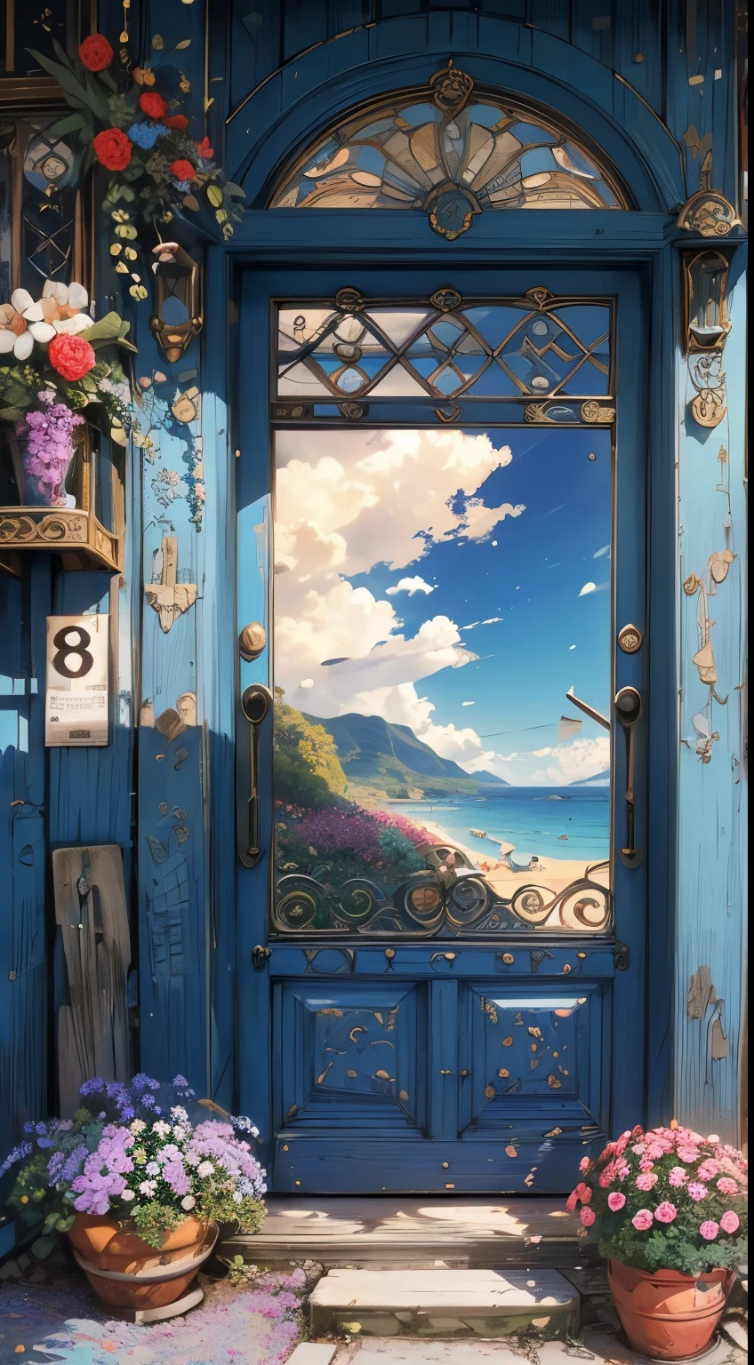 (((Very detailed, 8K quality))),The background is the sea,Colorful Clouds,Old door,Door on the sea,Flowers around the door frame,Colorful flowers,One door,Door in the middle,Anime Style,Sharp details,Film Portrait,Photo written border depth,Door only,