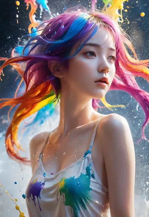 (Level Difference:1.8),(Paints collide and splatter on the canvas),(Depth of written boundary),(Flat Color:1.1,(theme)),1 girl,Poster,14 years old, Full body woman love,Strong winds,thick smoke,,(liquid dye for rainbow hair:1.1) Painted，anti-gravity,stringy viscous liquid,(Paint splashes:1.3),liquidity,Stunningly beautiful, masterpiece, Detailed Background,Super high quality model, Fantastic Background,Abstract Beauty, Volume, Painting,Blowing,Romantic lighting,Scattered beneath the surface,Shine,8k,High resolution, wonderful,Ray Tracing,Human Development Report,Divine Light,