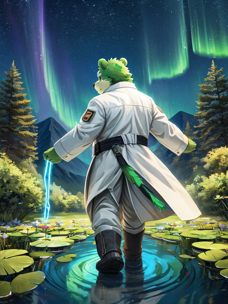 anthro, kemono, male, solo, (((green bear))), (((green fur))), green hair, beard, white eyebrows, red eyes, mature, mage staff, magic, (black t-shirt inside), (((white unhooded trench coat ))), gray trousers, military boots, [(white background:1.5),::5] (isometric:1.0), double exposure, bubble, mid shot, full body, // masterpiece, best quality,(colorful),(finely detailed beautiful eyes and detailed face),cinematic lighting,bust shot,extremely detailed CG unity 8k wallpaper,back-view, looking back, visible shoulders, walking on pond, water reflection, pond, medium breast, aurora sky, night sky, galaxy sky, horizon, mountains, forest, moon