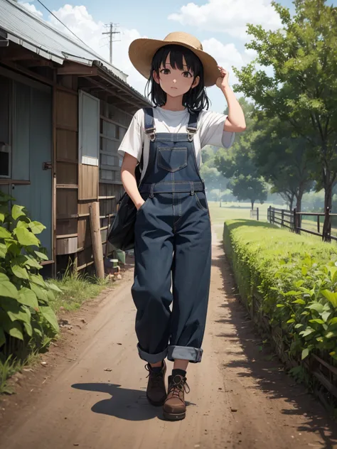 kanao, 1girl, as a farmgirl, wearing an overalls and hat, at a farm, black colour hair, 8k, high detailed, high quality, full bo...