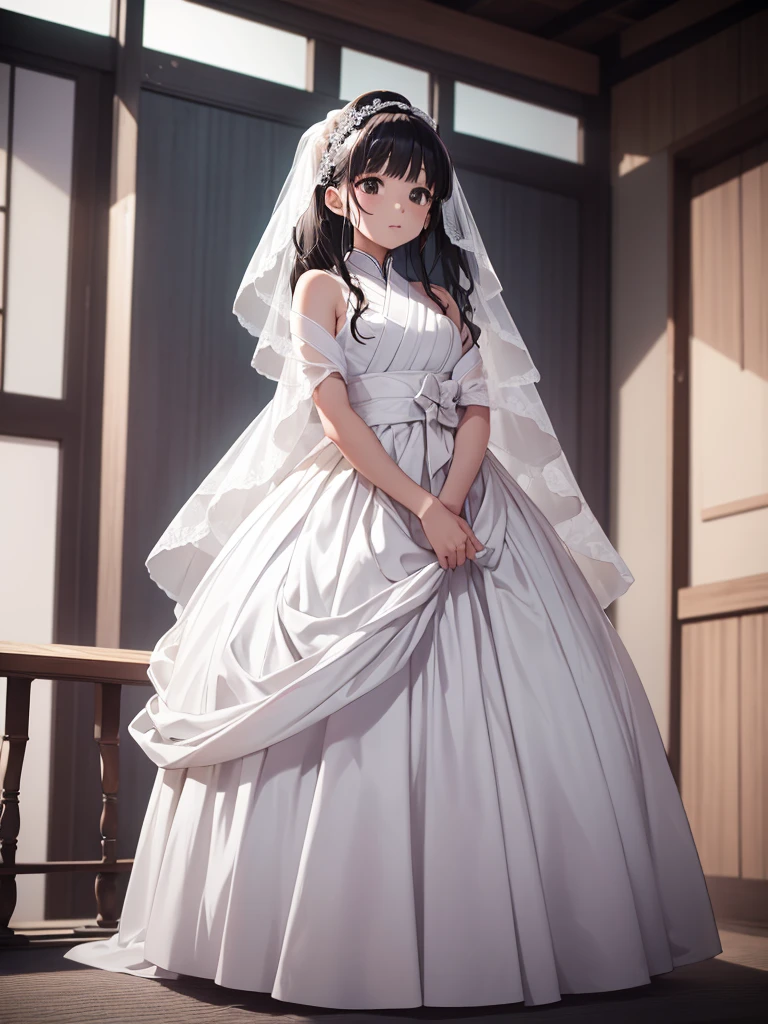 Kanao, 1girl, as a bride, wearing white colour wedding dress, at a wedding ceremony, black colour kanao's  hair, 8k, high detailed, high quality, full body