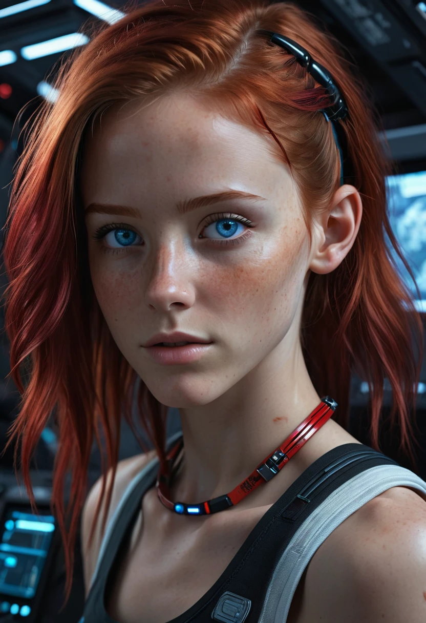 1 girl,12 years,  skinny, Red hair, Blue eyes, red bracelet,  Working with a computer, realistic, very detailed, aboard a spacecraft, cyberpunk, dark background, Background traces are light, Large screen, 8 K, Best quality, masterpiece, realistic, photo-realistic,very detailed, (Photorealism:1.3), (Realism:1.3), (СюрRealism Искусство:1.1), (Close portrait:1.3), (female:1.4), (Beautiful:1.4), (attractive:1.3), Beautiful, Out of calendar, perfectly detailed eyes, studio lighting, Dreamy, , strange, Gentle, hair decoration , very detailed texture, realistic texture, digital painting, very detailed photo