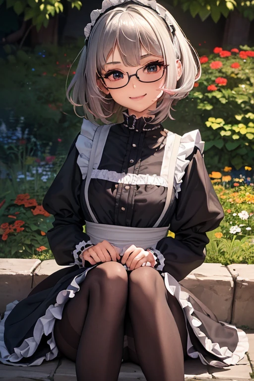 #基本 
A girl is posing for a photo, ((One Girl)), (((Baby Face:1.2)) + ((cute:1.3))), 
#A girl is posing for a photo, ((One Girl)), (((Baby Face)) + ((cute)) + 16 years old), 
break 

#Clothing Accessories 
(((Black and white)Gothic Lolita style maid outfit) : Elegant + (Dirndl) + Gothic Lolita Fashion + Dark Gothic Lolita + (Black and white)jabot + (black corset) + ((Black and white)Headdress) + (White apron)), (Low denier black pantyhose:1.4), (Black High Heels), (Red Frame Glasses), 
red gem earrings, 
break 

#Features 
((Silver Hair:1.4)), (Bangs that expose the forehead:1.4 + I can see a beautiful forehead:1.4), (ponytail : A little short hair + Curly hair + Fuller Hair),  
(Droopy eyes, blue eyes, (Big eyes:1.2)), (Very small breasts), 
break 

#background environment 
(noon, (The garden of a large Western-style mansion + grass + Garden of roses + The sun shines on the girl)), 
#Facial Expression Pose 
((smile:1.3), blush), (Confident and elegant appearance, (Sitting with legs crossed)), 
#composition 
(To the camera, (Focus from the side), (whole body)),  
break 

#Body parts elements 
(Slim figure), 
(Detailed Hair, Beautiful Hair, Shiny Hair), 
(double eyelid, Long eyelashes), 
(Expression of fine eyes, Beautiful and delicate eyes, Sparkling eyes, Eye Reflexes, Glitter Eyeliner), 
(Human Ear), 
(Beautiful Nose, Thin Nose), 
(Glossy Lips, Beautiful Lips, Thick lips, Glossy Lips, Natural Cheeks), 
(Detailed face, Symmetrical facial features), 
(Detailed skin, Textured skin, Beautiful Skin, Glowing Skin), 
break 

#Quality Image Quality Common 
(((Highest quality)), ((masterpiece)), ((Very detailed))), ((High resolution)), ((16K,1080P)), 
(Anatomically correct), (Realistic), (3DCG), 

#Quality image illustration 
((comics, anime)), CG illustration, 
