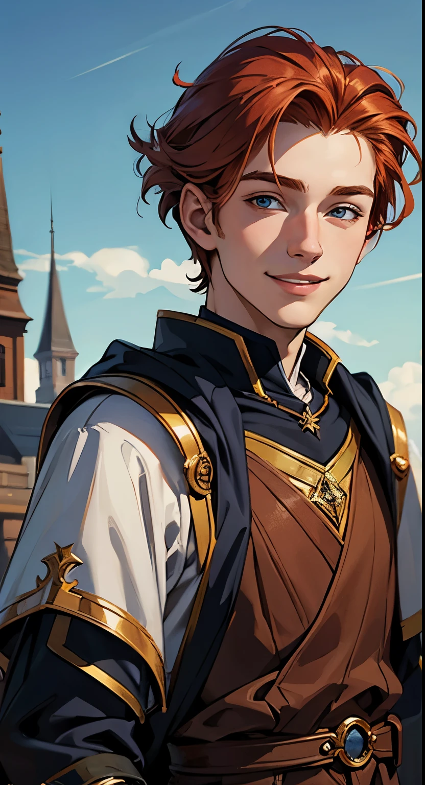 masterpiece:1.2, best quality, ultra detailed, boy human wizard, , man, light redhead hair and sky eyes. Aventurer clothes. Smiling. portrait. Library background.