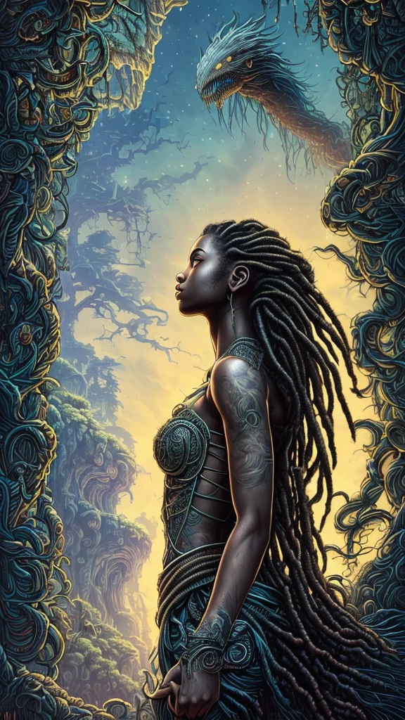 En perfil (chica hermosa, 1, mirando al horizonte, con rastas sueltas :1.1) Retrato, Bosque oscuro, cascada, atardecer romantico, arte artístico simétrico agudo, estilo de dan mumford, hdr, realism, atmósfera de fantasía oscura, estilo lovecraft, (estilo artístico JimJorCrafLogotipo:1.3), (vista de cerca)