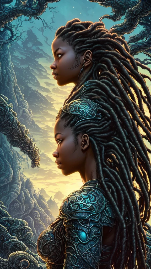 En perfil (chica hermosa, 1, mirando al horizonte, con rastas sueltas :1.1) Retrato, Bosque oscuro, cascada, atardecer romantico, arte artístico simétrico agudo, estilo de dan mumford, hdr, realism, atmósfera de fantasía oscura, estilo lovecraft, (estilo artístico JimJorCrafLogotipo:1.3), (vista de cerca)