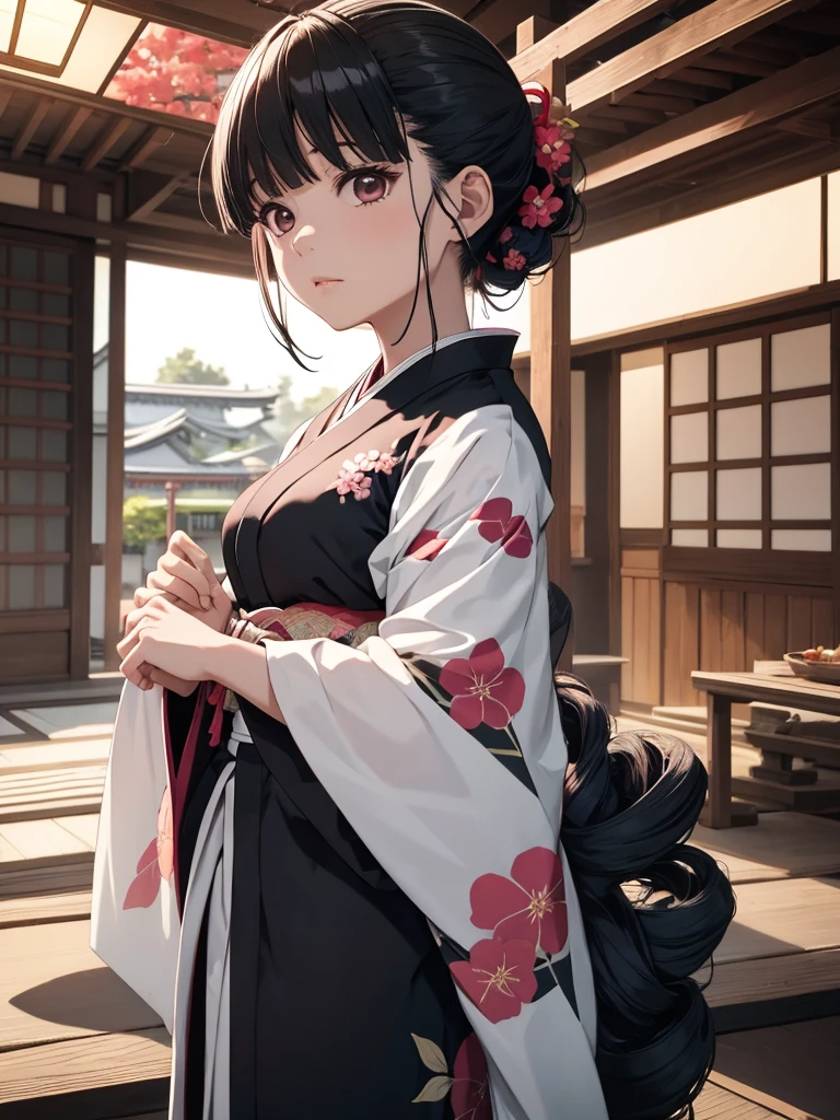 Kanao del anime cazador de demonios, 1 chica, vistiendo un kimono japonés largo con flores, en un pueblo de japón, El cabello de Kanao de color negro., 8K, alto detallado, alta calidad