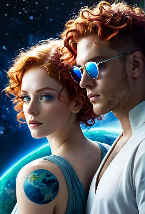 two main characters staring at each other intensely. the woman has curly red hair that falls long over her shoulders., with eyes...