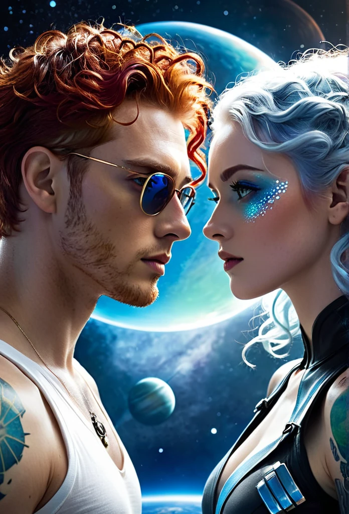 Two main characters staring at each other intensely. The woman has curly red hair that falls long over her shoulders., with eyes that mix the colors of honey and green. The man has short white hair with shades of light blue, gray blue eyes and a blue tattoo that runs up his neck. The cover background displays a planet in shades of white and blue, creating an ethereal and futuristic setting. The characters&#39; expressions are profound, suggesting an emotional connection and an engaging story. Soft lighting highlights the details of faces and the vibrant colors of hair and eyes, while the planet in the background adds a touch of mystery and fantasy.