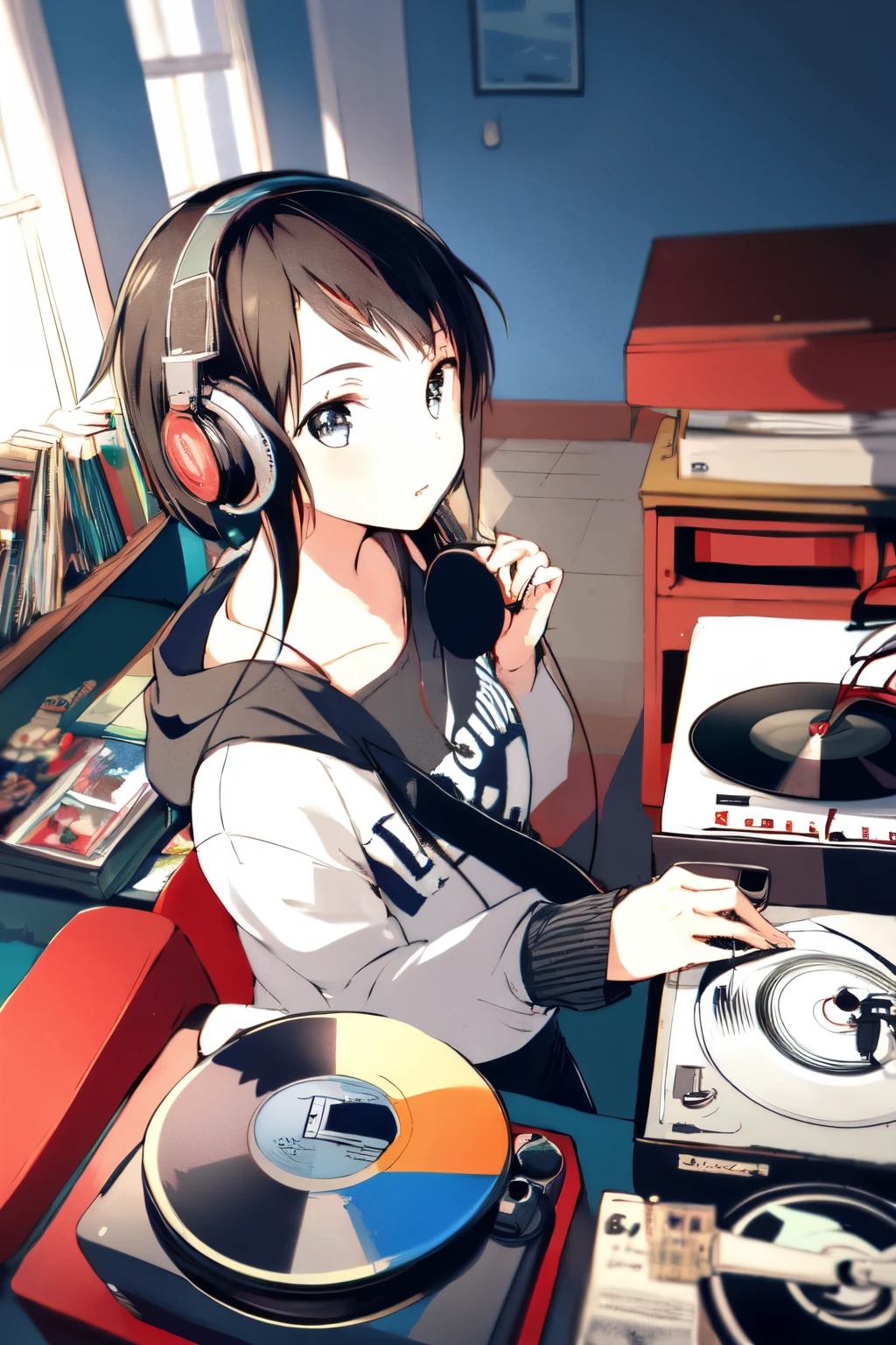 One girl, headphones, holding a record, record player