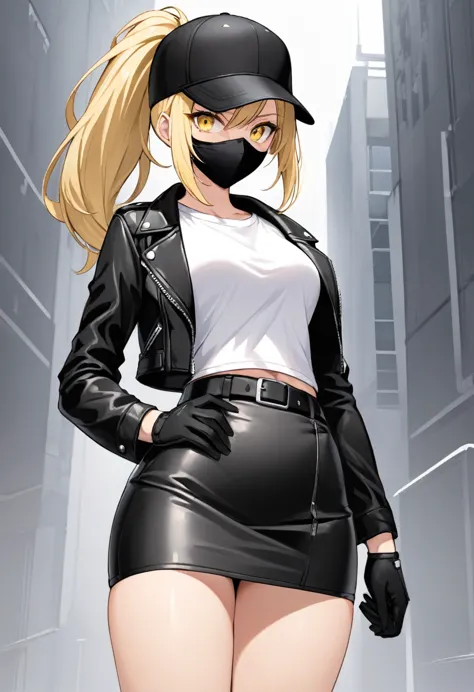 black miniskirt , black sneakers , white t-shirt , black leather jacket , pencil skirt , leather skirt , whole body , thighs , b...