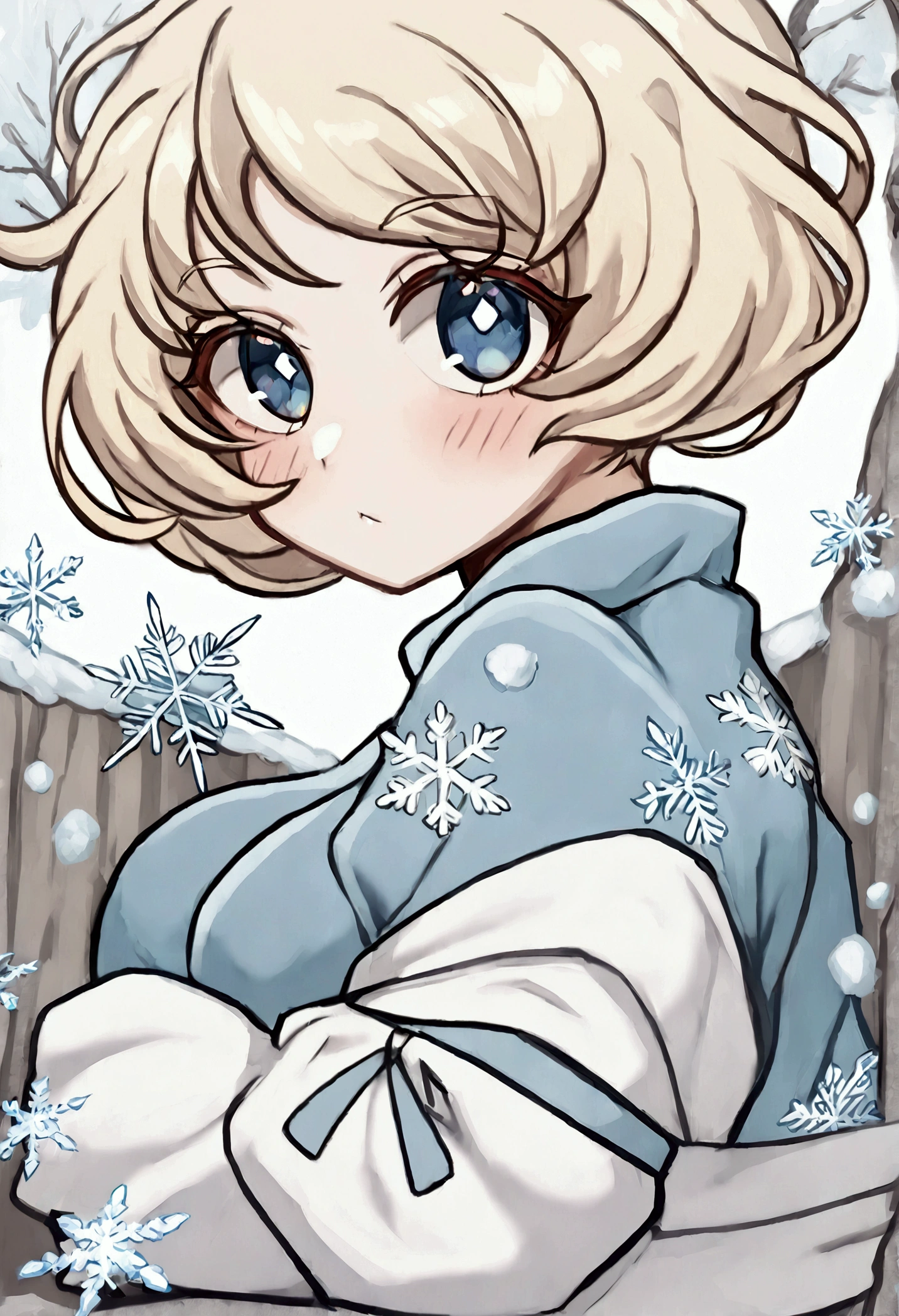 1 girl, with short hair, blondie hair, blue colored eyes, demon slayer style clothing, Hashira da neve, snowflakes on your clothes, white katana with blue,