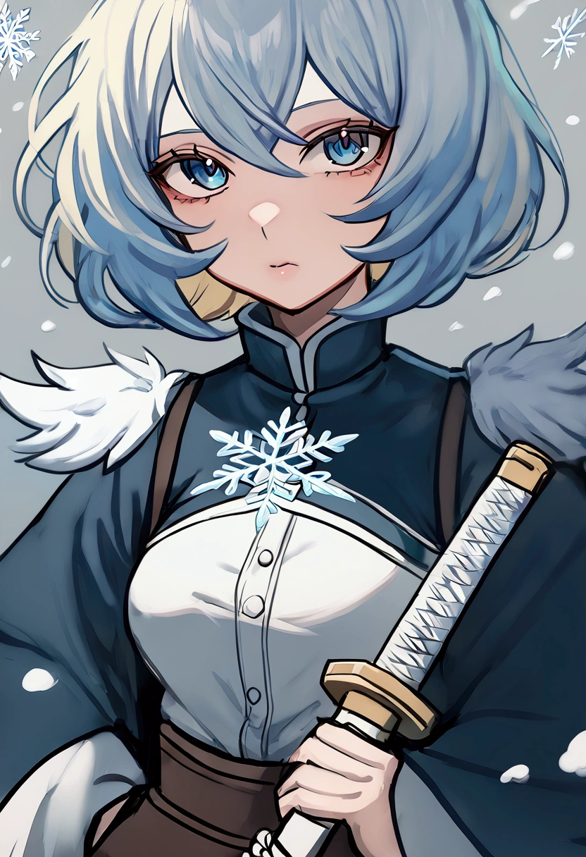 1 girl, with short hair, blondie hair, blue colored eyes, demon slayer style clothing, Hashira da neve, snowflakes on your clothes, white katana with blue,