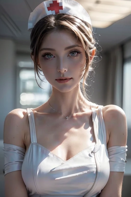 beautiful woman, nice body, big tits, ((((nurse white dress)))), caring for a patient, ((greater attention to eye and lip details)), (((maximum attention to leather details)), en un hospital (juego de luces y sombras) ultra definition, masterpiece, 8k, camara Nikon.