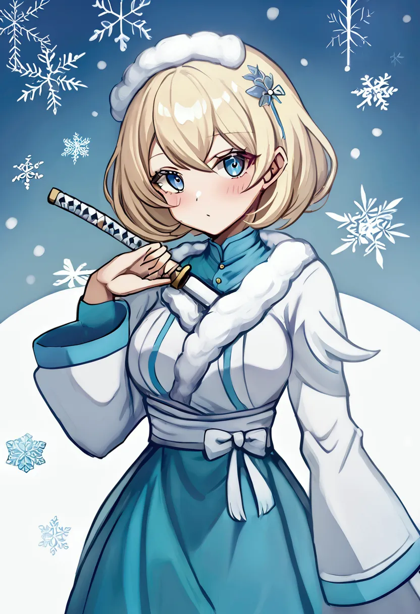 1 girl, with short hair, blondie hair, blue colored eyes, demon slayer style clothing, hashira da neve, snowflakes on your cloth...