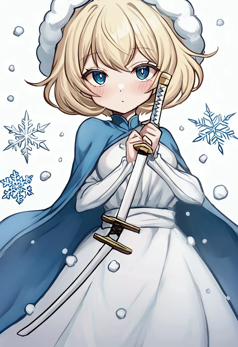 1 girl, with short hair, blondie hair, blue colored eyes, demon slayer style clothing, hashira da neve, snowflakes on your cloth...