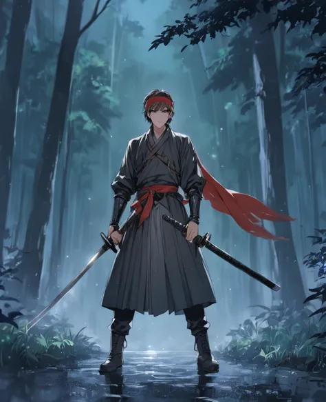 1boy, anime male, young anime man, low exposure, detailed, best quality, historical anime fighter, wearing black traditional fig...