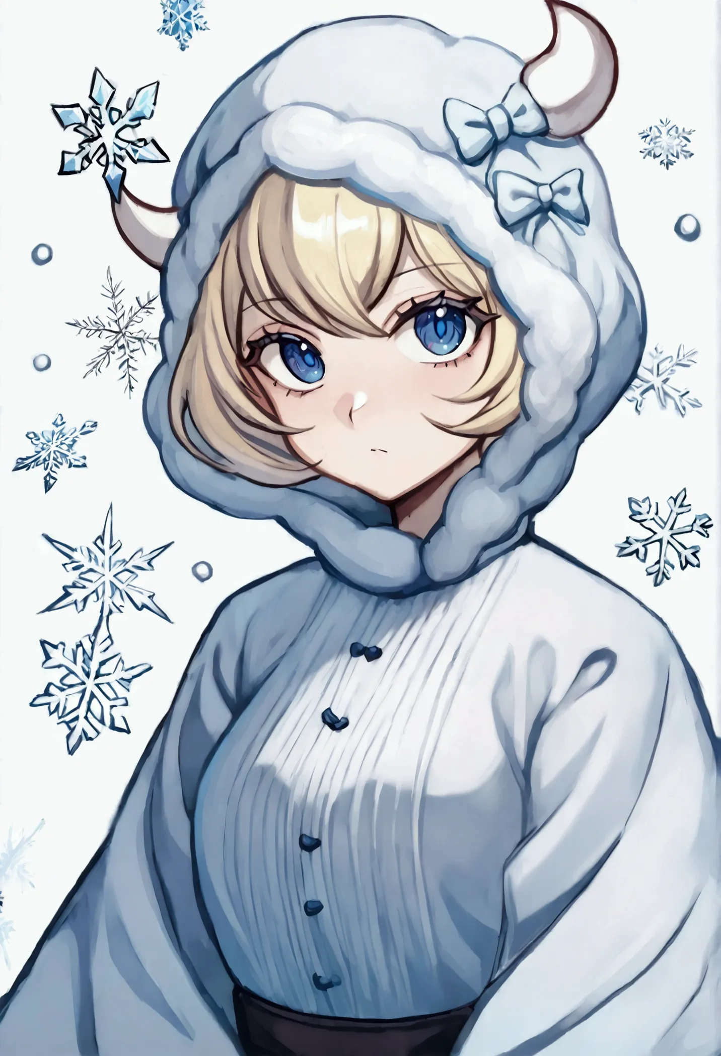 1 girl, with short hair, blondie hair, blue colored eyes, demon slayer style clothing, hashira da neve, snowflakes on your cloth...