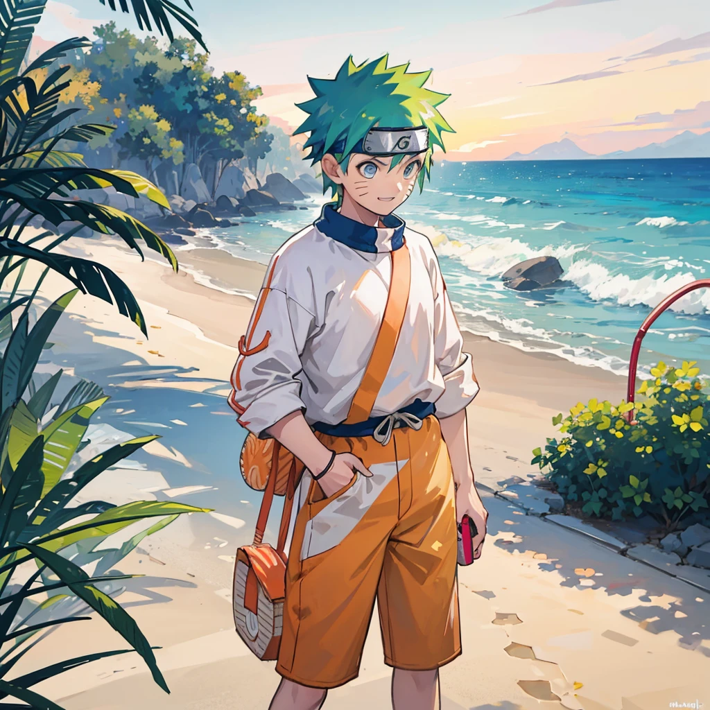 Create a vibrant and lively image of Naruto Uzumaki from the Naruto series, depicted in modern casual clothes as if he's preparing for a day at the beach in Goa. Naruto is wearing a stylish, comfortable outfit suitable for a beach outing: a brightly colored, short-sleeved shirt with a fun tropical pattern, paired with casual shorts and flip-flops. He has a pair of trendy sunglasses perched on his head, and a beach towel draped over his shoulder.

The scene is set in the early morning, with the first light of dawn casting a warm, golden glow. Naruto is standing on a balcony or near a window, looking out towards the beach with a wide, excited smile, capturing his energetic and enthusiastic personality. The background includes glimpses of palm trees swaying gently in the breeze and the calm ocean waves reflecting the early morning sunlight.

A soft, pastel-colored sky with the sun just beginning to rise adds to the serene and fresh morning atmosphere. There might be a few beach-related items nearby, such as a beach bag, a surfboard, or a beach ball, suggesting his plans for the day.

The overall style should be lively and contemporary, with a focus on capturing Naruto’s characteristic enthusiasm and the vibrant, tropical feel of a beach morning in Goa. The art should evoke a sense of adventure and fun, highlighting Naruto’s readiness to enjoy a beautiful day by the sea.